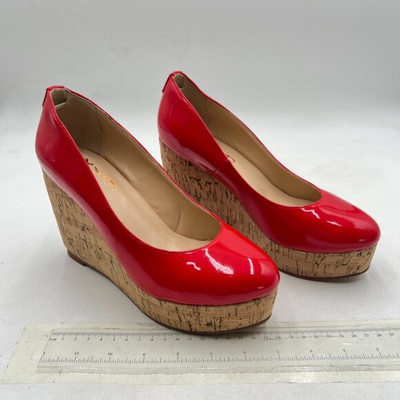 XYD Red Round Toe Wood Platform Pumps Slip On Patent Wedge Cork High Heel Shoes - Picture 4 of 8
